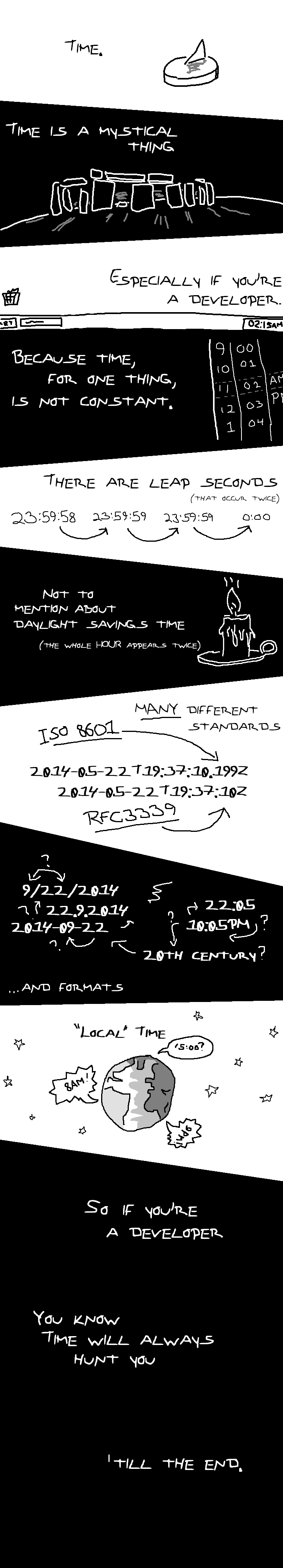 Time. Time is a mystical thing, especially if you're a developer. Because time, for one thing, is not constant. There are leap seconds (that occur twice), not to mention about daylight savings time (the whole HOUR appears twice). MANY different standards ... and formats. "Local" time. So of you're a developer, you know time will always hunt you. 'Till the end.